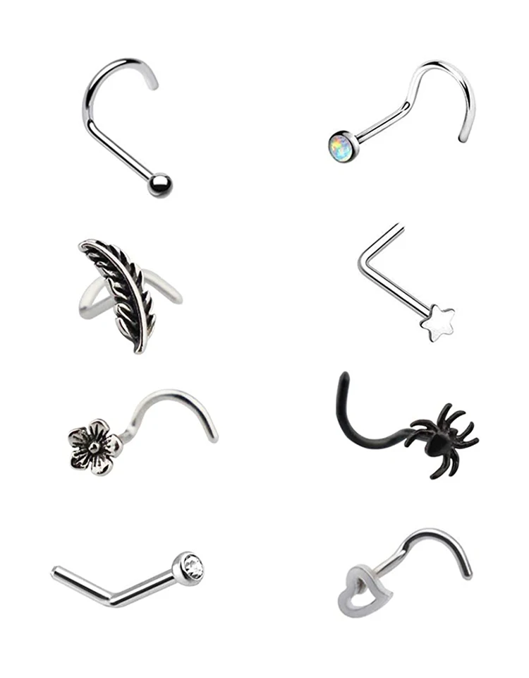 MoBody 4-8 Piece Created Opal Heart Nose Ring Stud Set 20G Surgical Steel Stone Nose Bone Piercing Screws Value Pack